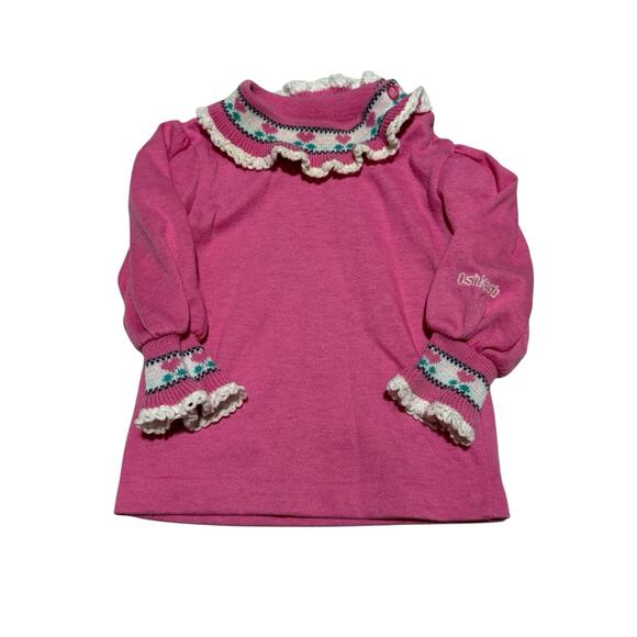 Vtg OshKosh B’gosh Pink Knit Baby Top 3-6M Hearts Trim USA Made Retro Cottage - Picture 1 of 6